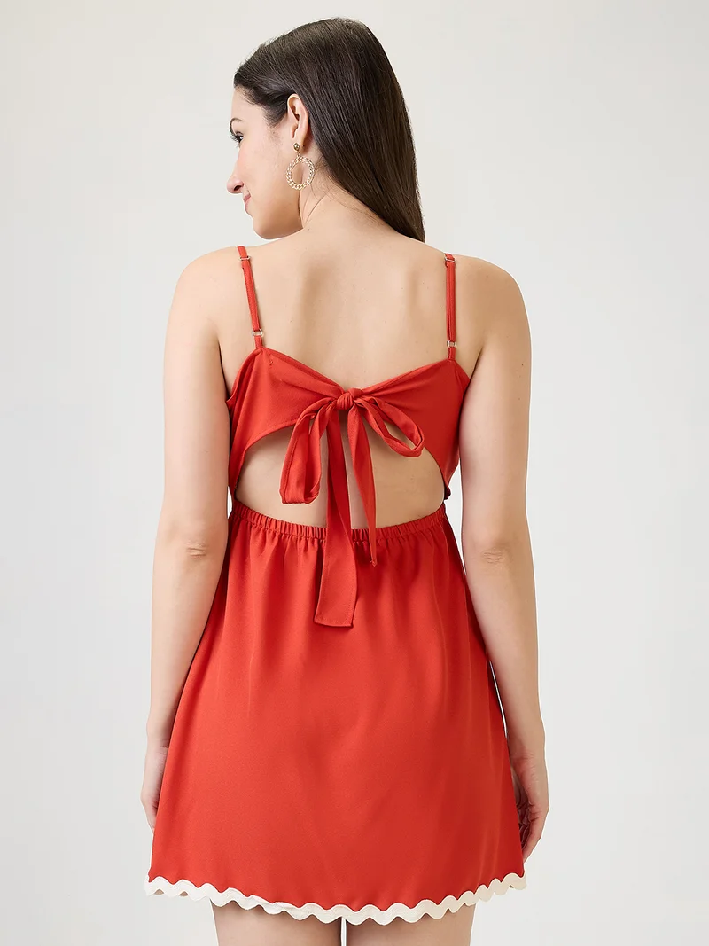 globus Women Orange Square Neck Strappy Sleeves Stylized Tie Back Detail Scalloped Hem Fit & Flare Mini Party Dress