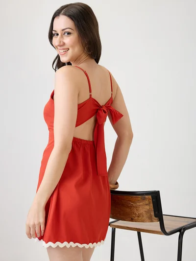 globus Women Orange Square Neck Strappy Sleeves Stylized Tie Back Detail Scalloped Hem Fit & Flare Mini Party Dress