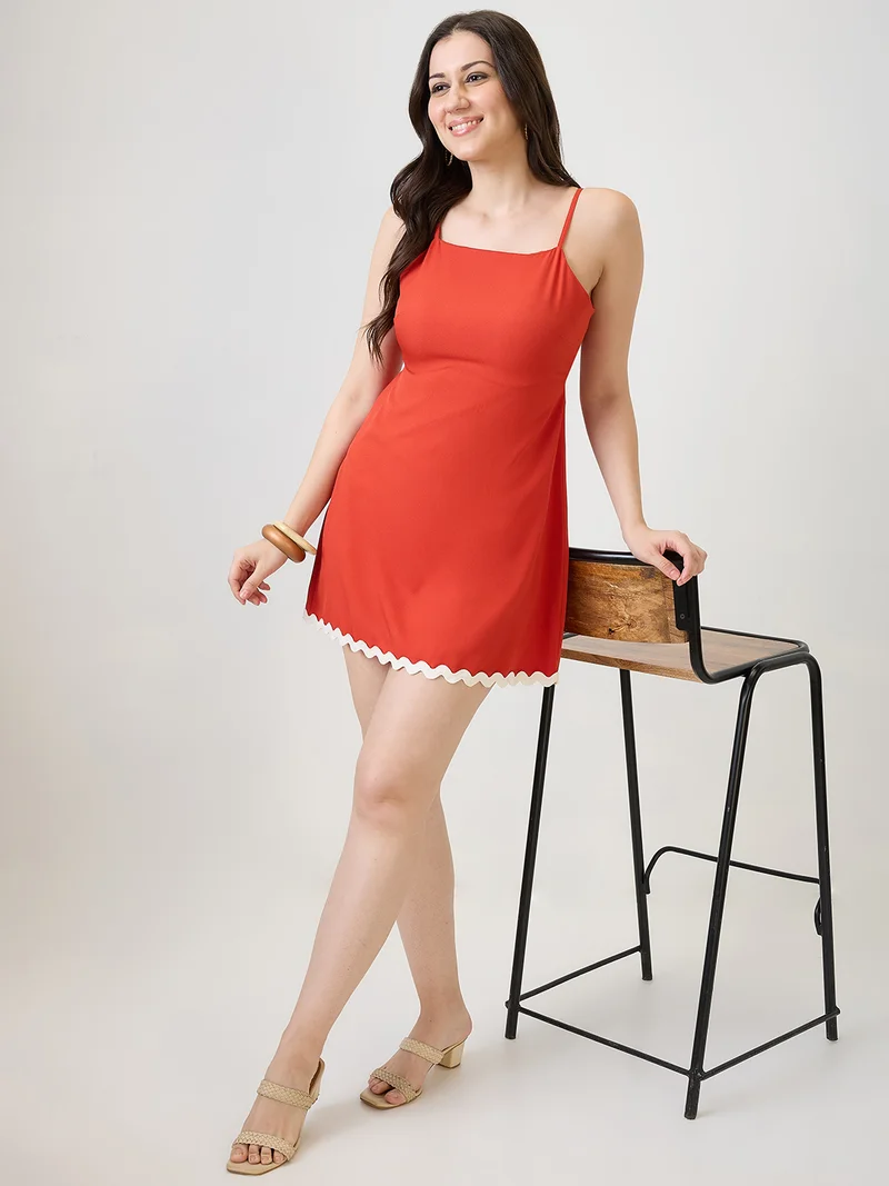 globus Women Orange Square Neck Strappy Sleeves Stylized Tie Back Detail Scalloped Hem Fit & Flare Mini Party Dress