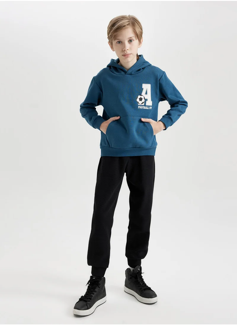 DeFacto Printed Hooded Kangaroo Pocket Sweatshirt Jogger Pants 2-Piece Set