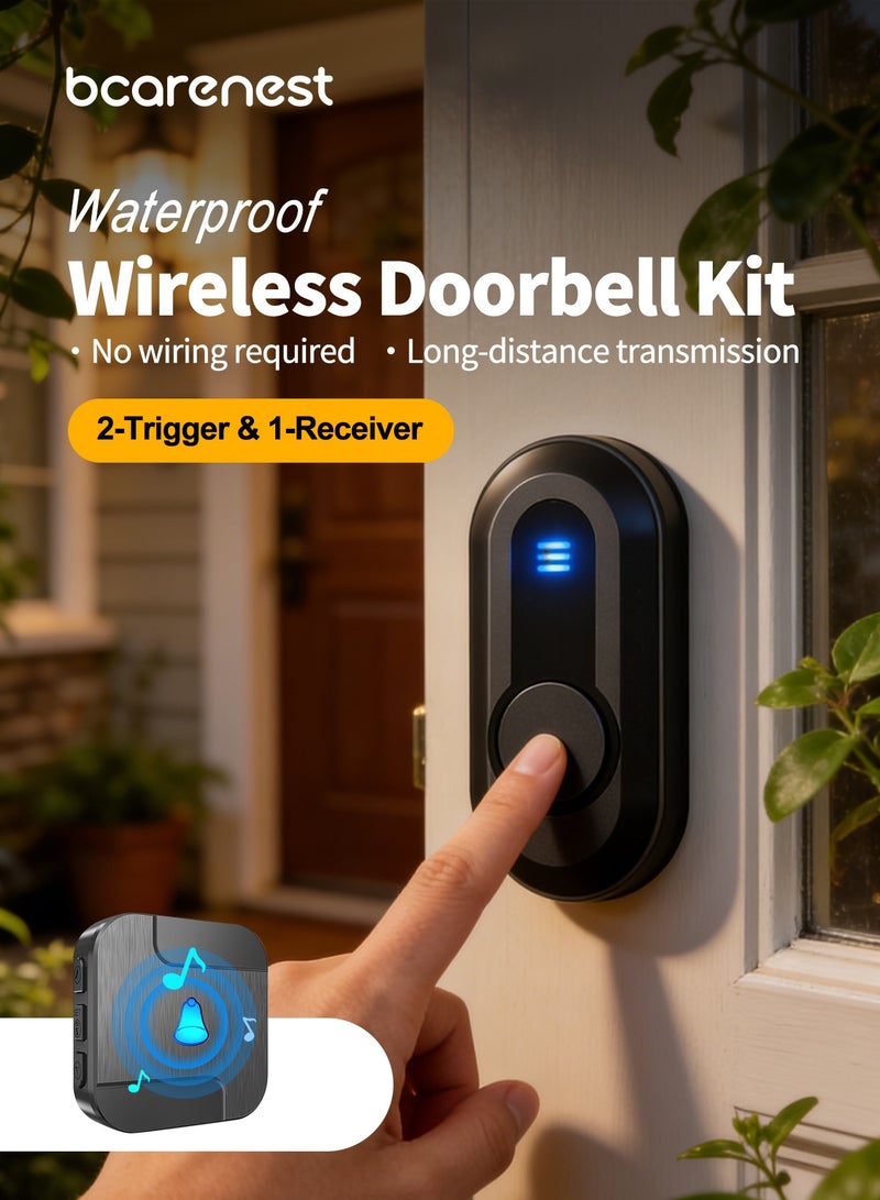 Bcarenest Wireless Waterproof Doorbell, Kit with 300m Long-Distance Transmission, 55 Ringtones, 5-Level Volume Control — Suitable as Doorbell or Elderly Pager (2 Button + 1 Receivers) - Image 2