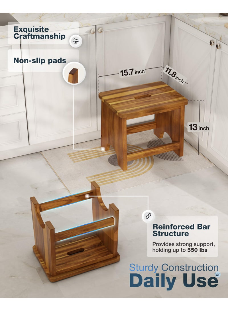 Wooden Step Stool, 13-Inch Heavy-Duty Acacia Wood Footstool with Handle, Non-Slip, Supports 550  lbs - Image 3