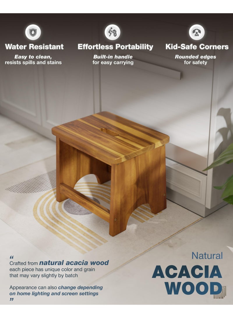 Wooden Step Stool, 13-Inch Heavy-Duty Acacia Wood Footstool with Handle, Non-Slip, Supports 550  lbs - Image 2