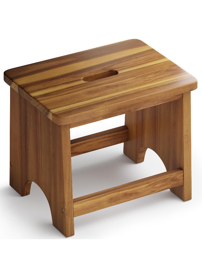 Wooden Step Stool, 13-Inch Heavy-Duty Acacia Wood Footstool with Handle, Non-Slip, Supports 550  lbs - Image 1