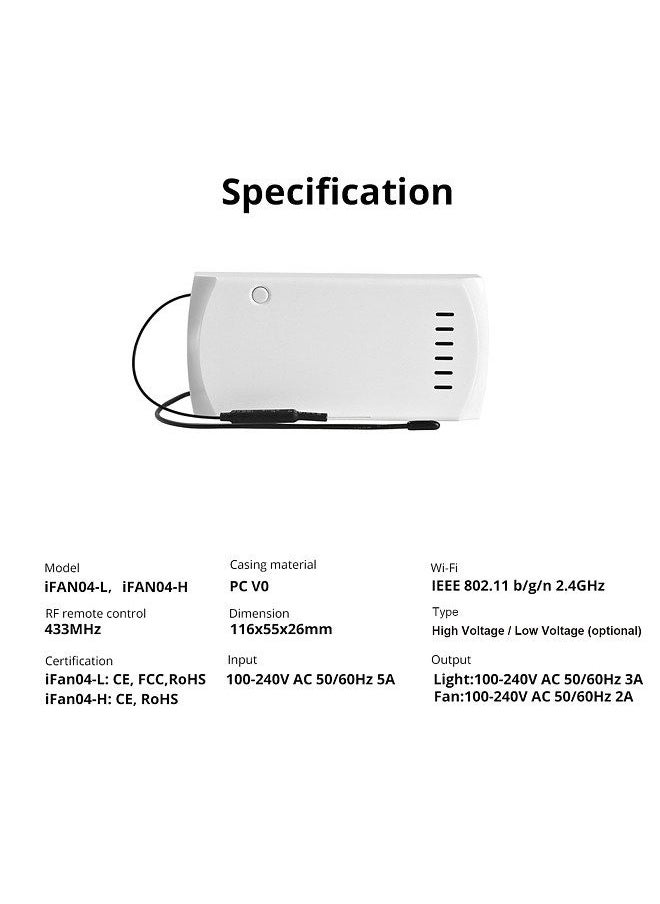 SONOFF - iFan04-H Wi-Fi Smart Ceiling Fan with Light Remote Control Kit APP/Voice Control & Remote Control 3 Fan Speeds Compatible with Alexa & Google Home Assistant (High Voltage) - Image 1