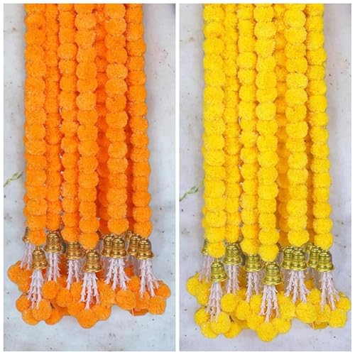 Abhaas Hand-Crafted Artificial Marigold Garland Toran Hanging Gendha Thonaram For Diwali Festivals With Bells&Rajnignadha(5Yellow+5 Orange/Set Of 10),150 Cm - Image 1