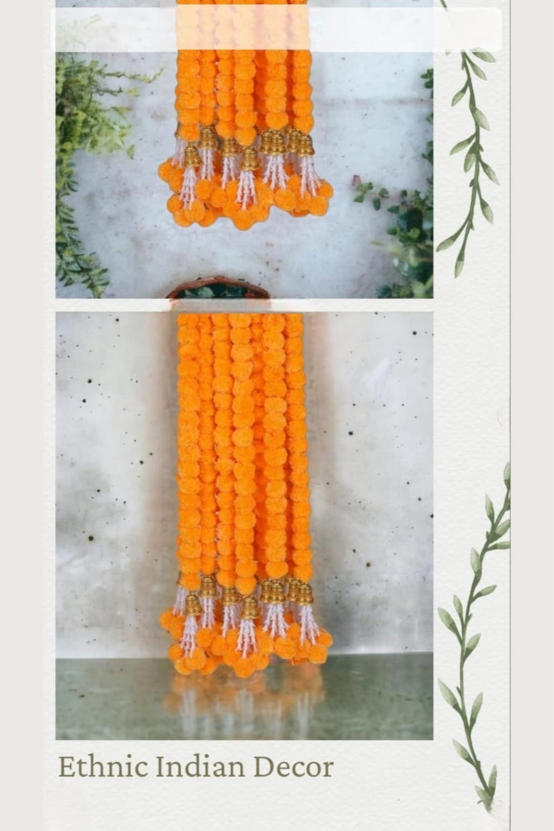 Abhaas Hand-Crafted Artificial Marigold Garland Toran Hanging Gendha Thonaram For Diwali Festivals With Bells&Rajnignadha(5Yellow+5 Orange/Set Of 10),150 Cm - Image 3