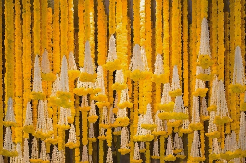 Abhaas Hand-Crafted Artificial Marigold Garland Toran Hanging Gendha Thonaram For Diwali Festivals With Bells&Rajnignadha(5Yellow+5 Orange/Set Of 10),150 Cm - Image 5