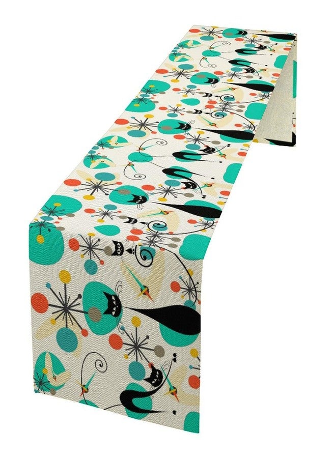 KANEPE Retro 70s Table Runner Modern Atomic Abstract Mid Century Furniture Clock Black Cat Decor for Indoor Outdoor Party Dinner Festival Farmhouse Home Kitchen Dining Room, 13x36in - Image 1