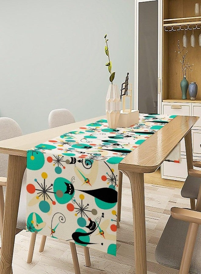 KANEPE Retro 70s Table Runner Modern Atomic Abstract Mid Century Furniture Clock Black Cat Decor for Indoor Outdoor Party Dinner Festival Farmhouse Home Kitchen Dining Room, 13x36in - Image 3