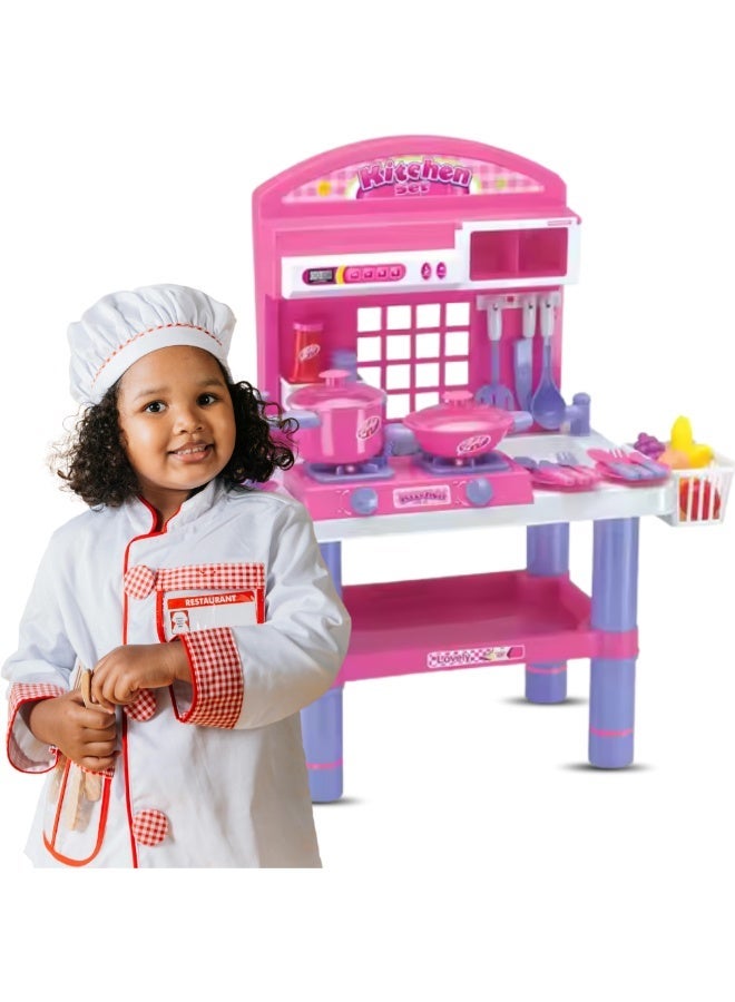 bunca Girls' kitchen set for children, consisting of 30 pieces and interactive food for girls, with a cooking stove, vegetables, and fruit. - Image 3