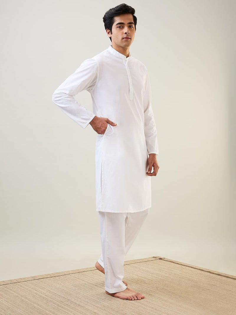 Raymond Sleepz Men Comfort Fit Solid Pattern Pure Cotton Mandrin Collar Sleepz Kurta Set (Size: L)-AEUC00013-W0 White - Image 2