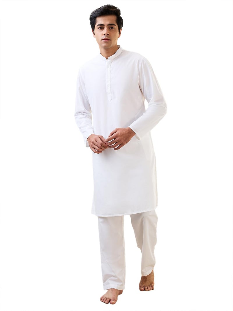 Raymond Sleepz Men Comfort Fit Solid Pattern Pure Cotton Mandrin Collar Sleepz Kurta Set (Size: L)-AEUC00013-W0 White - Image 1