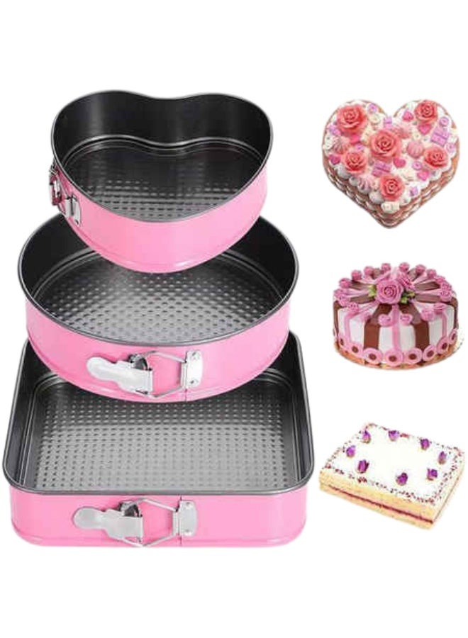 Spring Form Pan Set with Heart Round & Square Shape - Leak Proof Cake Mold for Baking Enthusiast - Deep Cake Tin Baking Set with Removable Bottom (24 CM x 26 CM x 28 CM) Set of 3 - Image 1