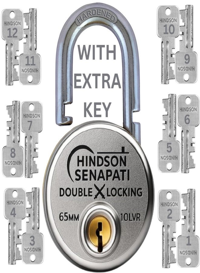 HINDSON 12 Key SENAPATI 65mm Double Locking Padlock | Heavy Duty Lock and Key for Home, Door, Gate & Shutter Security | Hardened Shackle, High Safety Padlock - Image 1