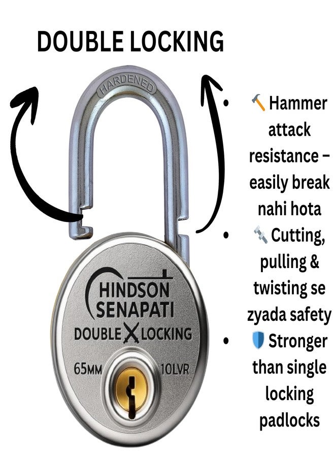 HINDSON 12 Key SENAPATI 65mm Double Locking Padlock | Heavy Duty Lock and Key for Home, Door, Gate & Shutter Security | Hardened Shackle, High Safety Padlock - Image 3