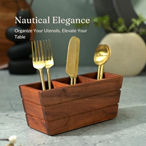 Brick Brown ® Handcrafted Premium Wooden Spoon Stand for Kitchen | Cutlery Holder for Dining Table | Wooden Caddy Storage Organiser Stand with 3 Section(9.8x3x4 inch) - Image 2