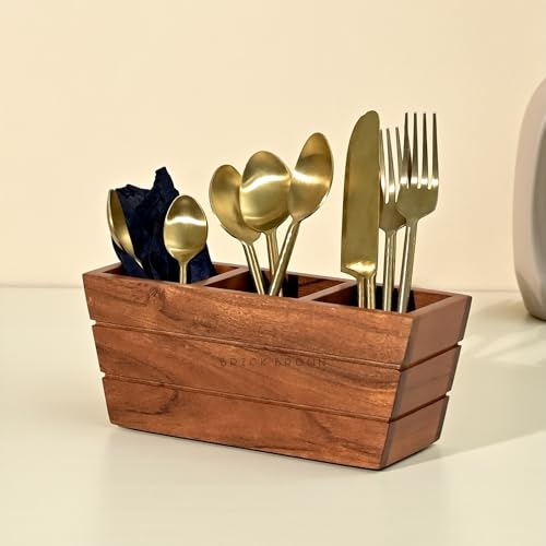 Brick Brown ® Handcrafted Premium Wooden Spoon Stand for Kitchen | Cutlery Holder for Dining Table | Wooden Caddy Storage Organiser Stand with 3 Section(9.8x3x4 inch) - Image 1