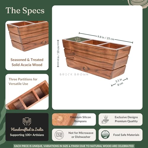 Brick Brown ® Handcrafted Premium Wooden Spoon Stand for Kitchen | Cutlery Holder for Dining Table | Wooden Caddy Storage Organiser Stand with 3 Section(9.8x3x4 inch) - Image 5