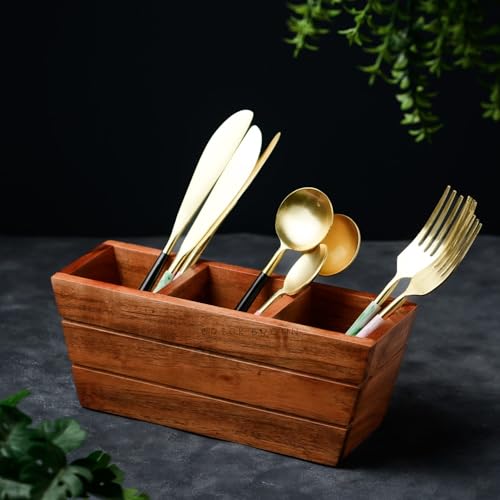 Brick Brown ® Handcrafted Premium Wooden Spoon Stand for Kitchen | Cutlery Holder for Dining Table | Wooden Caddy Storage Organiser Stand with 3 Section(9.8x3x4 inch) - Image 3