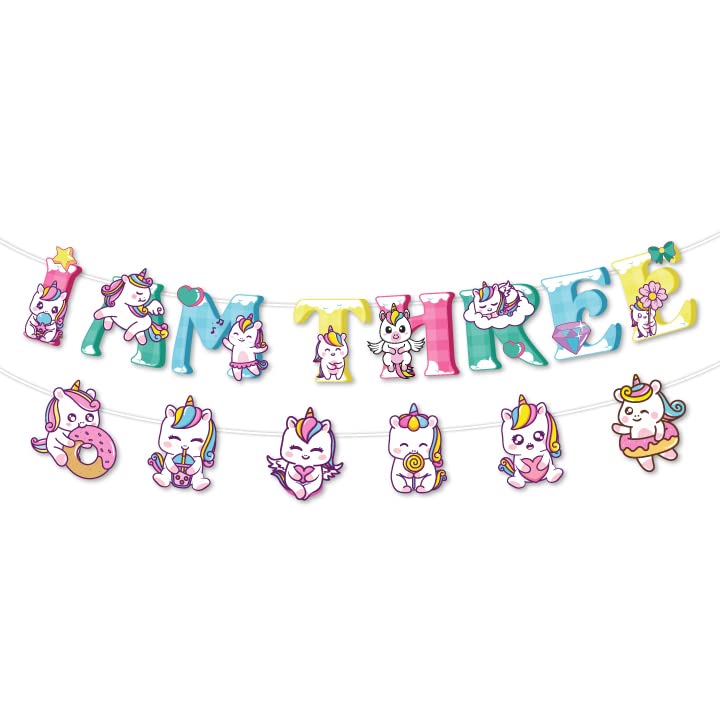 Festiko® 1 Pc I Am Three Birthday Unicorn Theme Banner, Unicorn Theme I Am Three Birthday Supplies, I Am Three Birthday Decoration, Unicorn Party Decorations, Unicorn Theme Supplies - Image 1