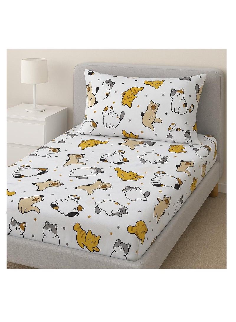 Yarlin-Bed Set (Kids-Fitted Bedsheet for 120 cm beds and Small Pillowcase (Lazy Cats) Design