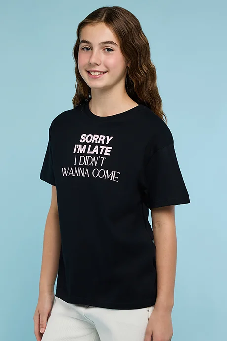 أر أند بي Typography Print T-Shirt with Crew Neck and Short Sleeves