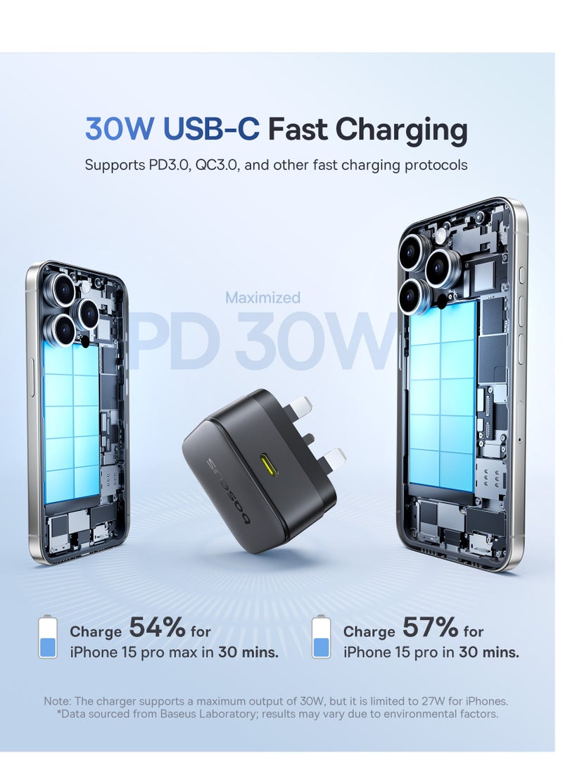 Baseus 30W GaN USB-C PD Charger with 1m Type-C Cable 60W, Fast Charging Wall Adapter Kit Compatible with iPhone 16 Pro Max/15/14, iPad Air/Pro, Samsung S25U/S24U, Xiaomi Redmi Note 14/13/12, POCO X7 Pro, HONOR, Realme, OnePlus, Type-C Power Adapter for Phones, Tablets and More (Black) 30W Type C Port- Black - Image 2