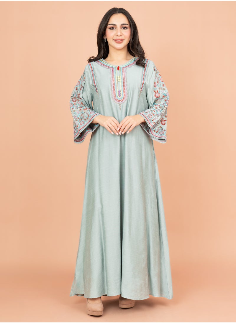 IKKXA Mandarin Collar Hand Embroidered Jalabiya IK4004 Blue  - Image 1