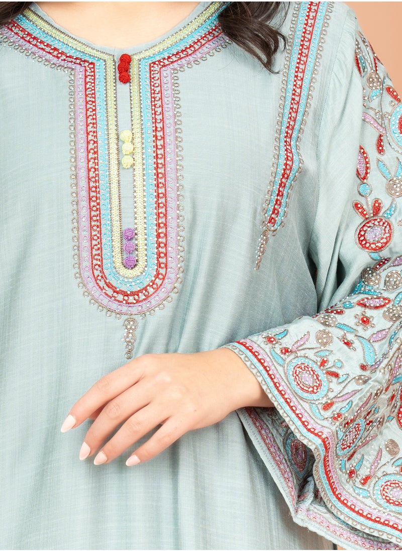 IKKXA Mandarin Collar Hand Embroidered Jalabiya IK4004 Blue  - Image 2