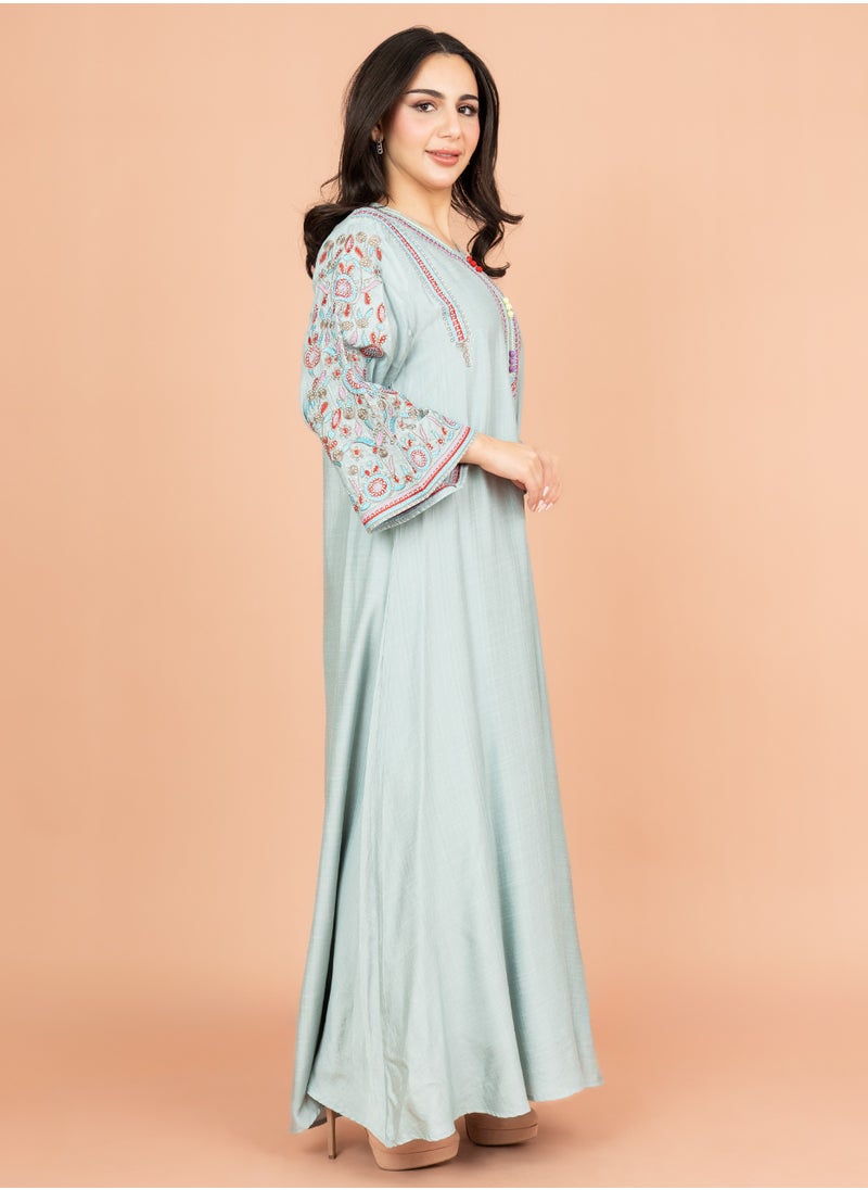 IKKXA Mandarin Collar Hand Embroidered Jalabiya IK4004 Blue  - Image 3