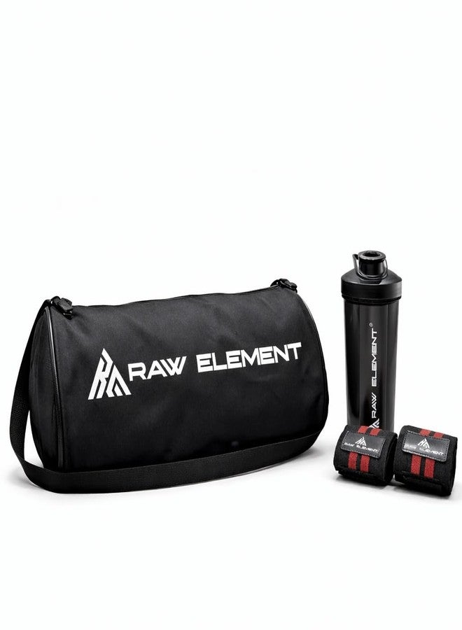 Raw Element Gym Duffle Bag with Fitness Accessories | Wrist Support Wraps | Protein Shaker Bottle | Workout Training Carry Kit for Home Travel Exercise - Image 1