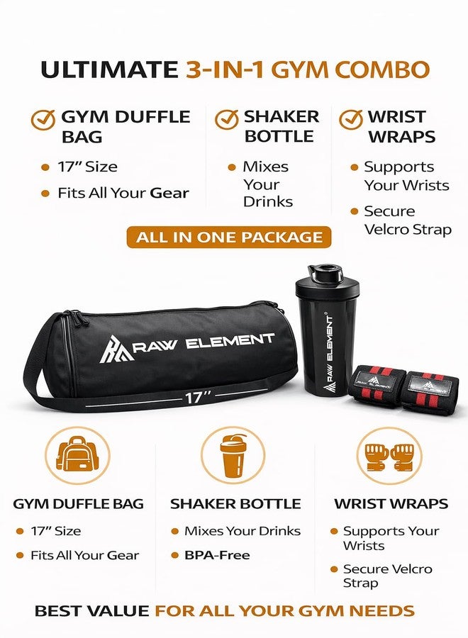Raw Element Gym Duffle Bag with Fitness Accessories | Wrist Support Wraps | Protein Shaker Bottle | Workout Training Carry Kit for Home Travel Exercise - Image 2