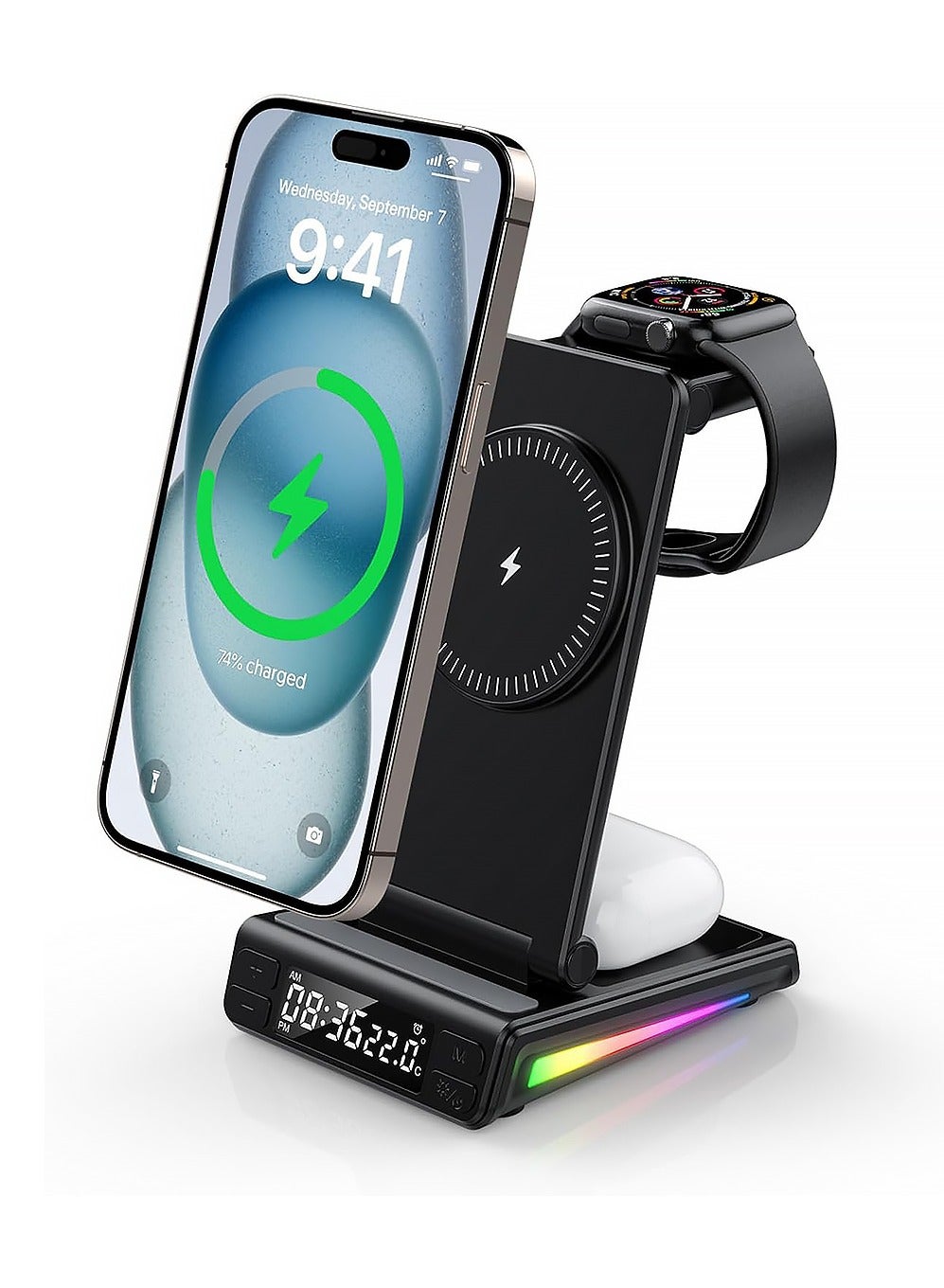 5 in 1 Wireless Charger,15w Fast Charging Station with Alarm Clock and Night Light, Foldable Fast for iPhone 16/15/14/13/12 Plus Pro Max, Iwatch 10 9 8 7, Airpods Pro Samsung Galaxy Watch 7/6/5pro