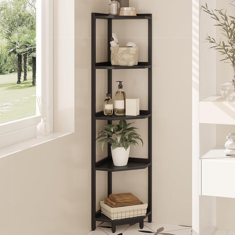 Hzuaneri Corner Shelf Stand Corner Bookshelf Storage Standing Shelf Unit with Metal Frame Plant Stand Corner Bookcase for Living Room Home Office Bedroom 5Tier Black CS05906B