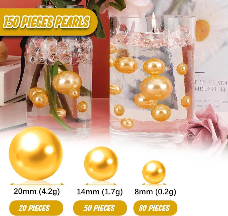 Luerbi Golden Yellow Vase Filler Decor | Golden Yellow Floating Pearls | 150 PCS Golden Yellow Pearls Bead for Centerpieces Vases, No Hole Beads | 8/14/20 mm Floating Beads | Pearl Vase Filler Party Decor - Image 2
