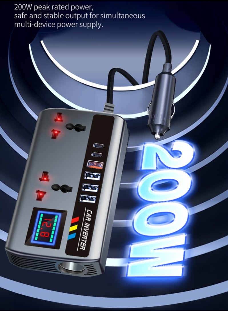 200W Car Power Inverter DC 12V To 220V AC Car Inverter With 4 USB  and 2 Type C Ports, 2 AC Outlets For Laptop Car Plug Adapter Car Power Inverter Car Charger Fast Charger LED Display Cigarette Lighter Connector, Perfect For Cars, SUV & Trucks - Image 2