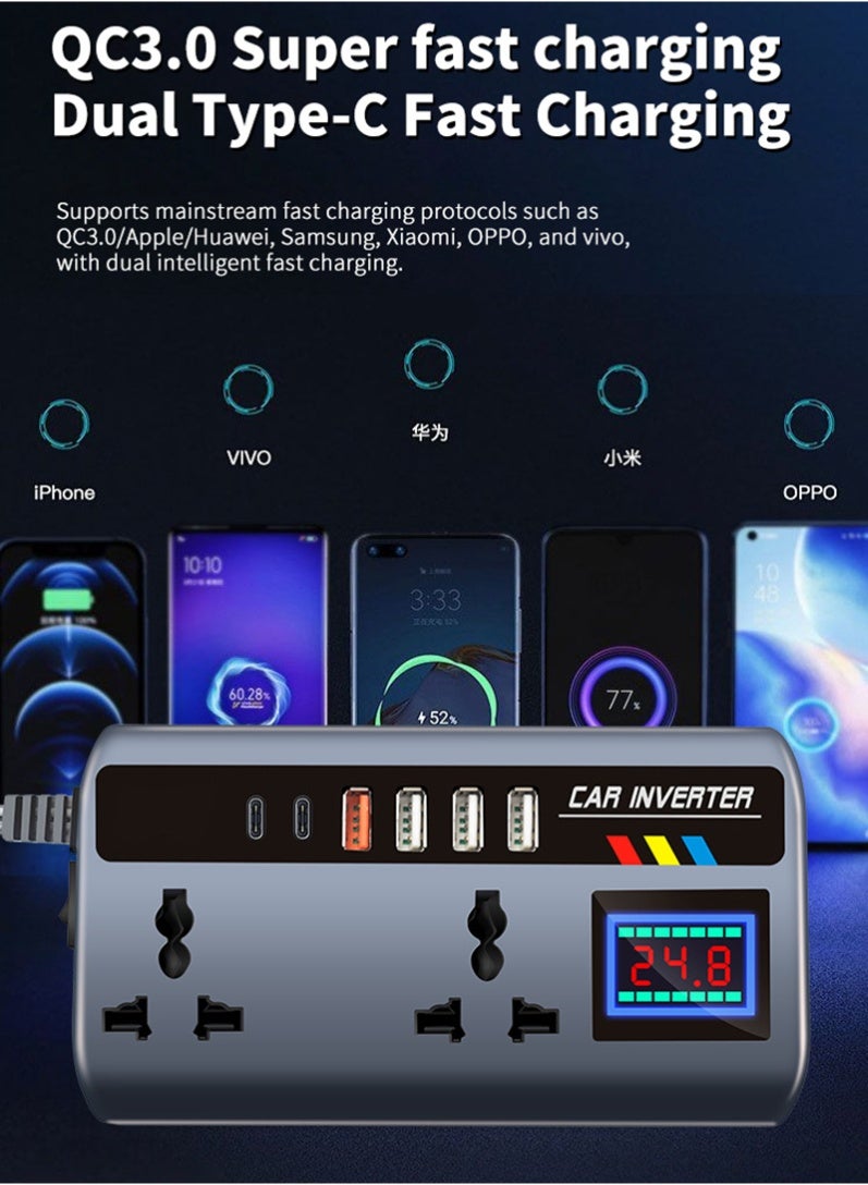 200W Car Power Inverter DC 12V To 220V AC Car Inverter With 4 USB  and 2 Type C Ports, 2 AC Outlets For Laptop Car Plug Adapter Car Power Inverter Car Charger Fast Charger LED Display Cigarette Lighter Connector, Perfect For Cars, SUV & Trucks - Image 3