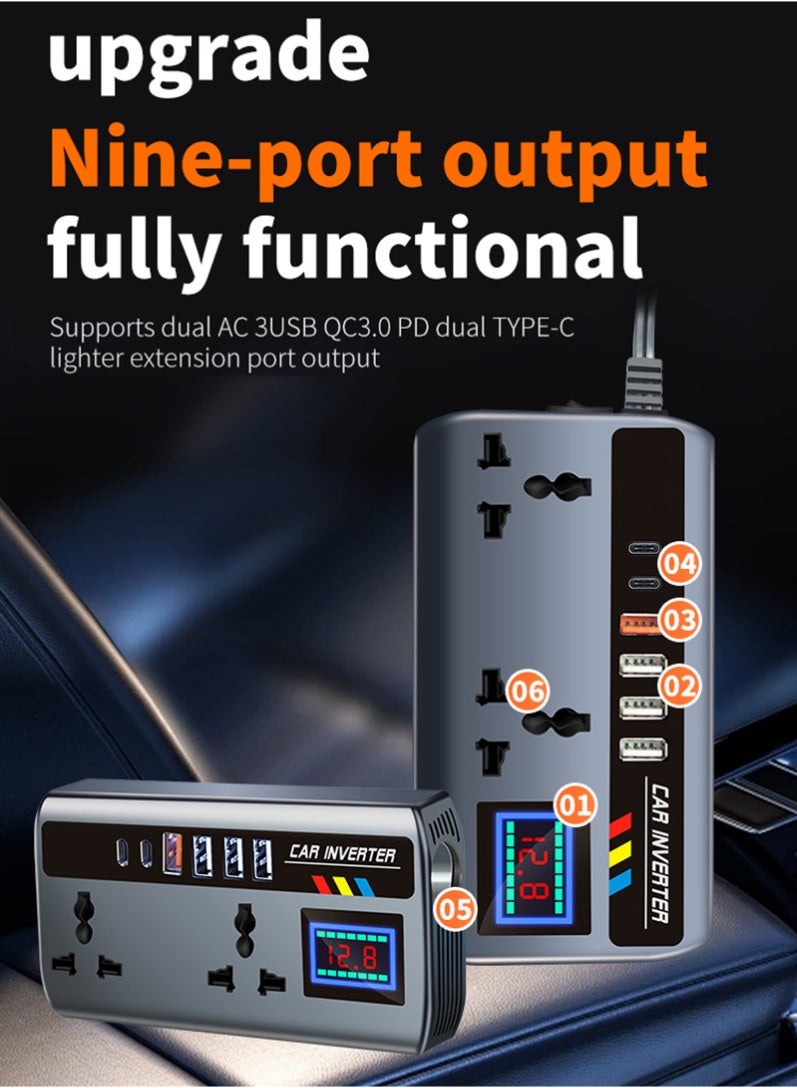 200W Car Power Inverter DC 12V To 220V AC Car Inverter With 4 USB  and 2 Type C Ports, 2 AC Outlets For Laptop Car Plug Adapter Car Power Inverter Car Charger Fast Charger LED Display Cigarette Lighter Connector, Perfect For Cars, SUV & Trucks - Image 5