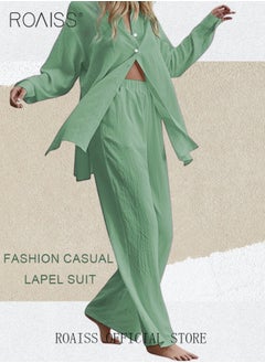 roaiss Ladies 2 Piece Set New Trend Fashion Cotton Linen Shirt Suit Loose Pants Summer Spring Clothes for Women Breathable and Cool Long-Sleeve Lapel Shirt  - Image 2