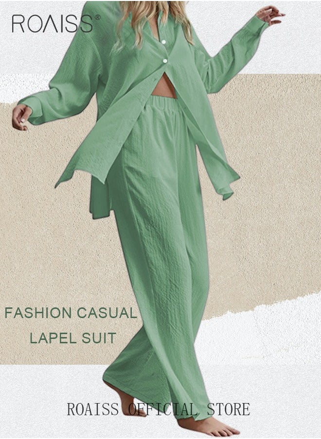 roaiss Ladies 2 Piece Set New Trend Fashion Cotton Linen Shirt Suit Loose Pants Summer Spring Clothes for Women Breathable and Cool Long-Sleeve Lapel Shirt  - Image 2