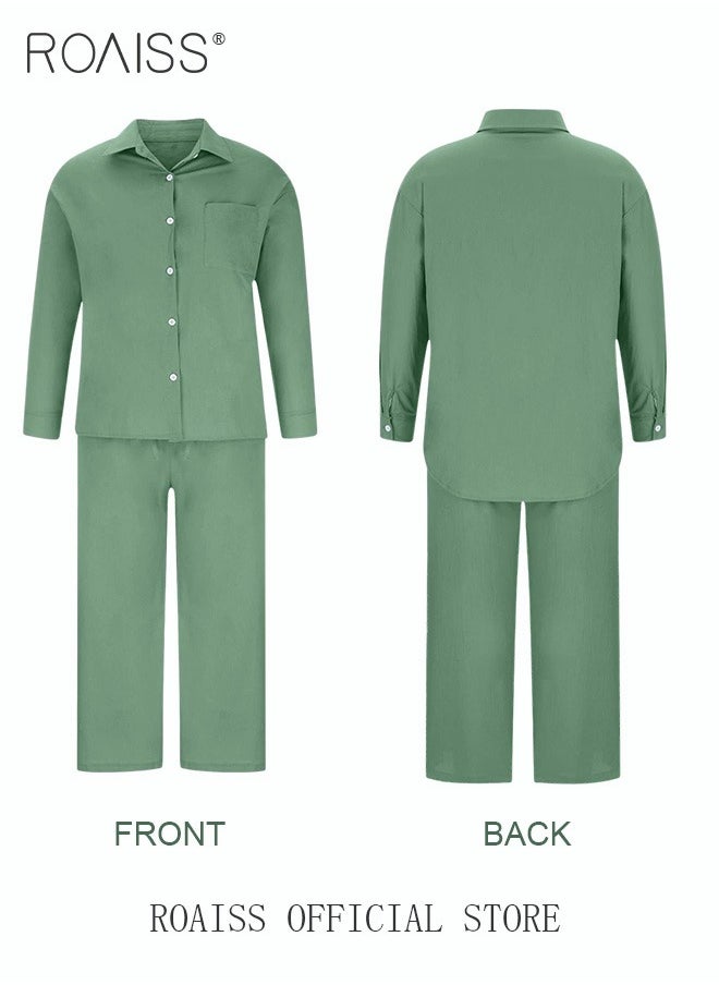 roaiss Ladies 2 Piece Set New Trend Fashion Cotton Linen Shirt Suit Loose Pants Summer Spring Clothes for Women Breathable and Cool Long-Sleeve Lapel Shirt  - Image 4
