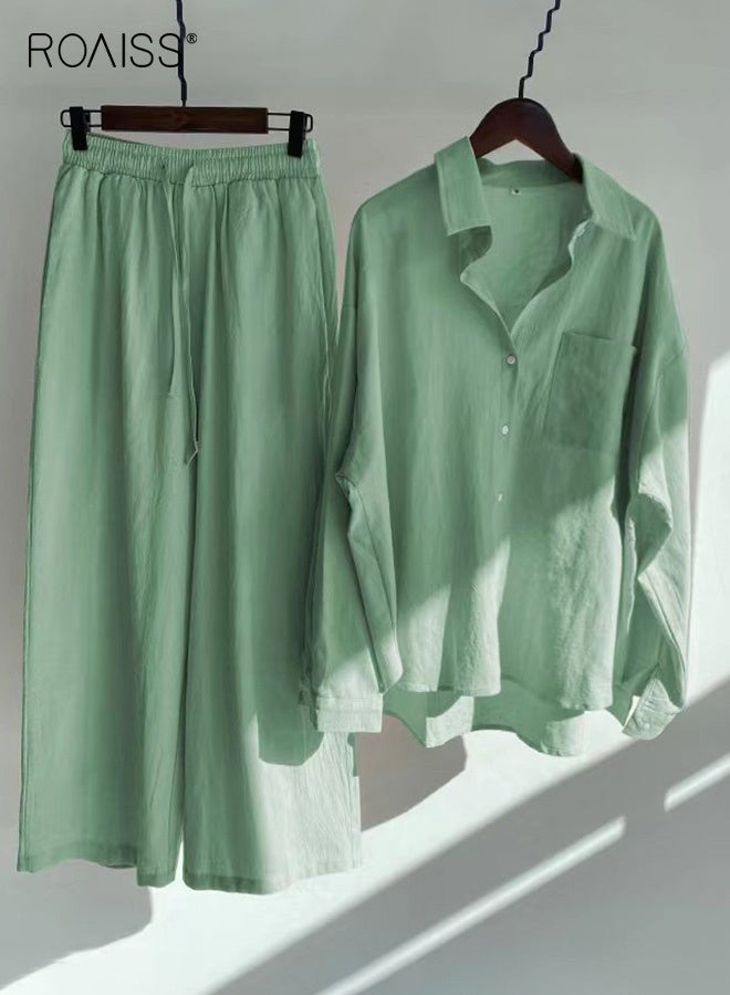 roaiss Ladies 2 Piece Set New Trend Fashion Classic Solid Color Cotton Linen Shirt Suit Summer Spring Plus Size Clothes for Women Breathable and Cool Long-Sleeve Lapel Shirt Loose Pants Aquamarine - Image 1
