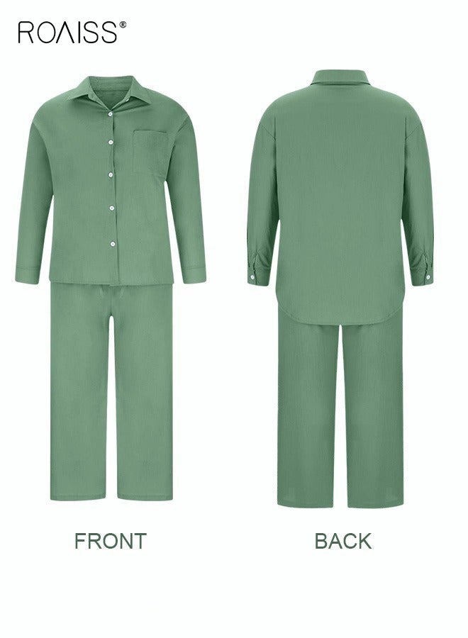 roaiss Ladies 2 Piece Set New Trend Fashion Classic Solid Color Cotton Linen Shirt Suit Summer Spring Plus Size Clothes for Women Breathable and Cool Long-Sleeve Lapel Shirt Loose Pants Aquamarine - Image 4