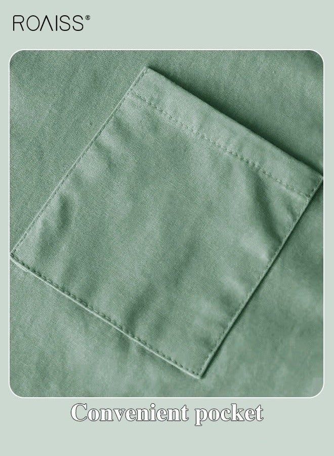 roaiss Ladies 2 Piece Set New Trend Fashion Classic Solid Color Cotton Linen Shirt Suit Summer Spring Plus Size Clothes for Women Breathable and Cool Long-Sleeve Lapel Shirt Loose Pants Aquamarine - Image 5