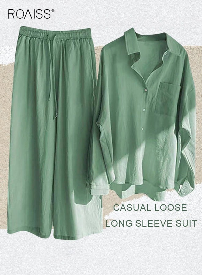 roaiss Ladies 2 Piece Set New Trend Fashion Classic Solid Color Cotton Linen Shirt Suit Summer Spring Plus Size Clothes for Women Breathable and Cool Long-Sleeve Lapel Shirt Loose Pants Aquamarine - Image 3