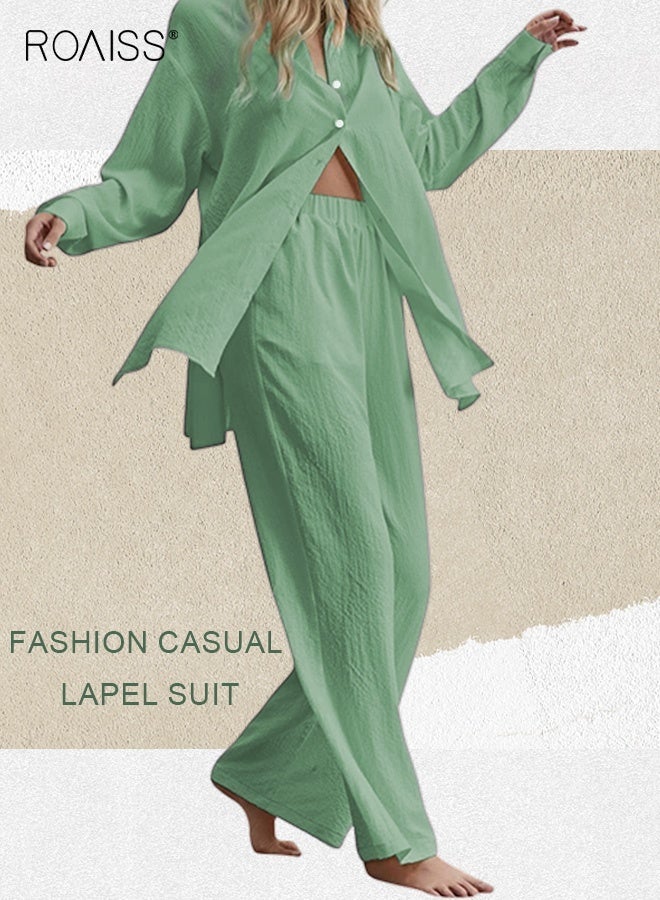 roaiss Ladies 2 Piece Set New Trend Fashion Classic Solid Color Cotton Linen Shirt Suit Summer Spring Plus Size Clothes for Women Breathable and Cool Long-Sleeve Lapel Shirt Loose Pants Aquamarine - Image 1