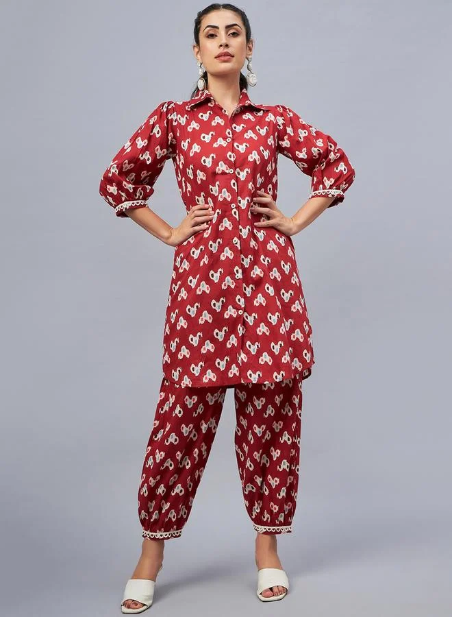Winered Rust Printed Shirt And Cuffed Pants Set