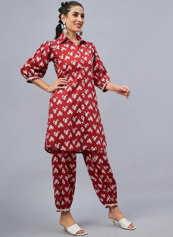 Winered Rust Printed Shirt And Cuffed Pants Set