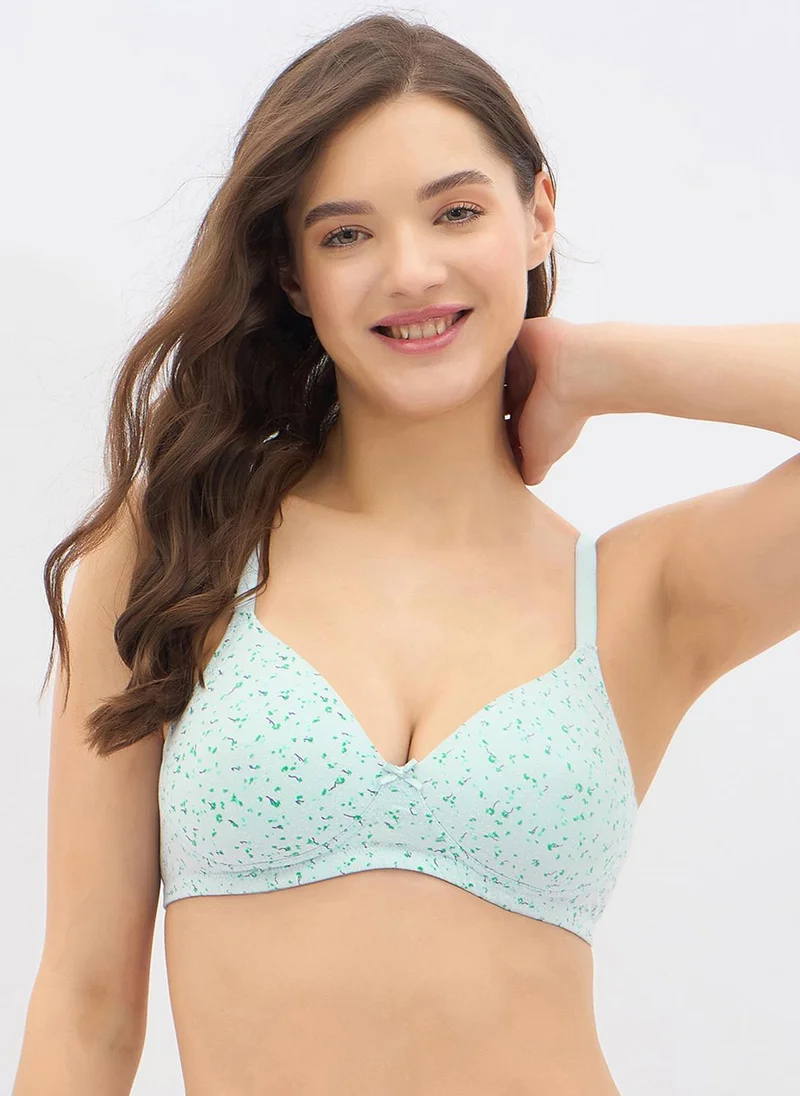 Clovia Clovia Padded Non-Wired Full Coverage Printed T-shirt Bra in Light Blue - Cotton
